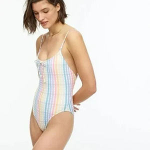 J Crew One Piece Swimsuit Rainbow Stripe Gingham Seersucker Women's Size 8